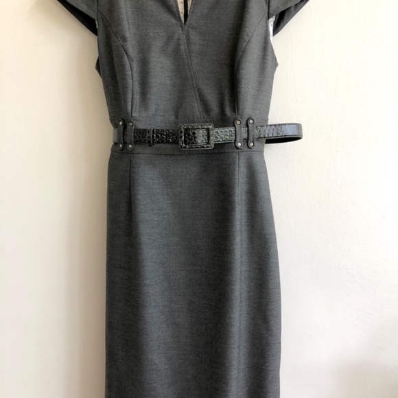 Tahari by Arthur S. Levine Belted Split Neck Sheath Dress - Size 4, gray - Picture 3 of 9